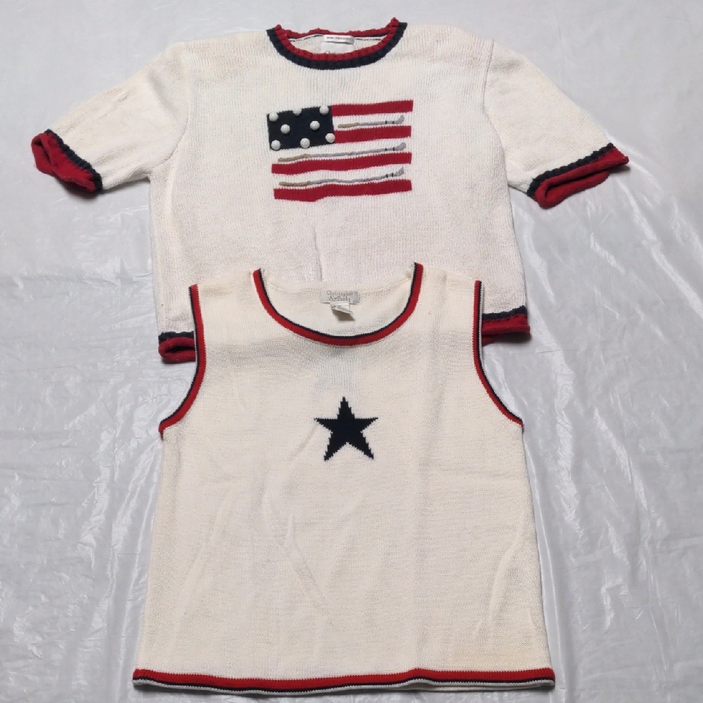 Vintage 90s American Flag Red White Blue Americana Sweater Tank Set Size M